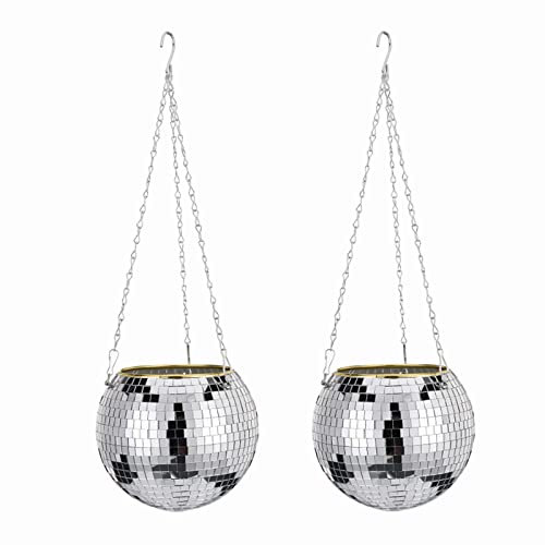 2Pack 20CM Mirror Disco Ball Hanging Planter with Hooks Chain Wall Mounted Flower Plant Basket for Boho Decor Silver Disco Ball Plant Hanger for Plants