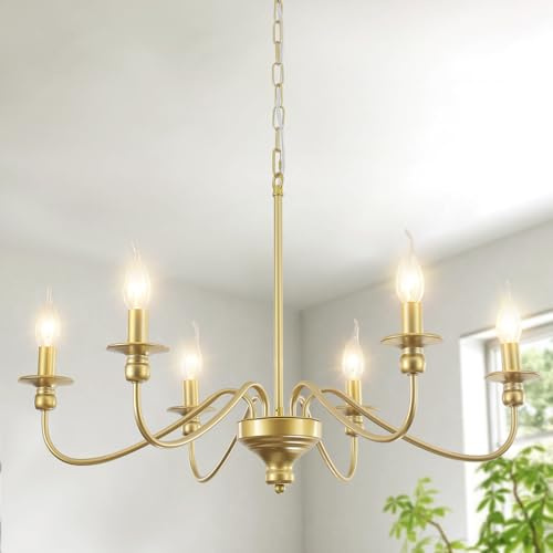 LXWNYY 6-flammiger Kronleuchter Gold, Modern Hängelampe Pendelleuchte Schlafzimmer E14, Vintage Goldene Lampe Metall Kronleuchter für Wohnzimmer, Küche, Esszimmer und Flur