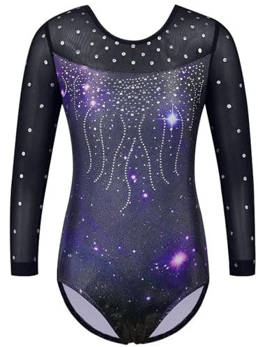 EKalgretrA Gymnastikanzug Mädchen Langarm Mesh Patchwork Trikots for Mädchen Diamant Gymnastik Overall Body Teens Gymnastik Kleidung(Galaxy,4A)