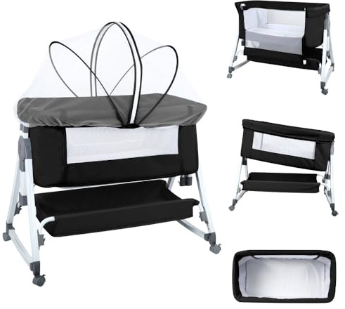 OHMG 3 in 1 Beistellbett Baby, Convertible Faltbare Babybett Co-Sleeping,Beistellbett Baby Boxspringbett mit Rollen Multifunktionale,6 Schwankende Getriebe,Babywiege (schwarz)