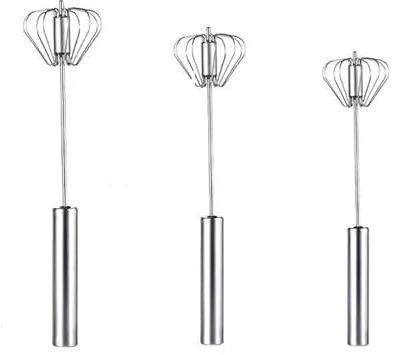 Set of 3 Stainless Steel Whisk, Hand Whisk, Semi-Automatic Rotating Push Mixer, Egg Beater, for Mixing, Stirring, Frothing