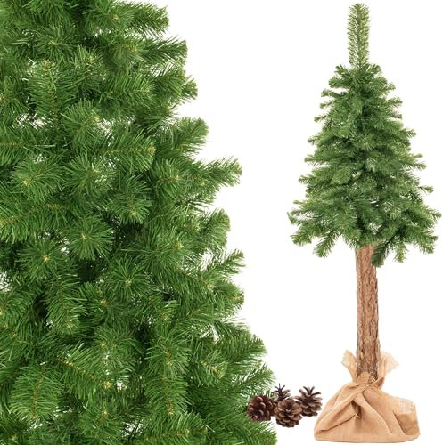 SPRINGOS Künstlicher Weihnachtsbaum mit echtem Stamm 140 cm inkl. Ständer und Jutestoff Naturzapfen Naturgetreu Tannenbaum Weihnachten