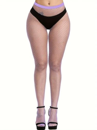 Boolavard nätstrumpor, hög midja tights för kvinnor, gnistrande strass fisknät fest, fisknät tights damer plus size en storlek passar alla, Ljuslila, one size