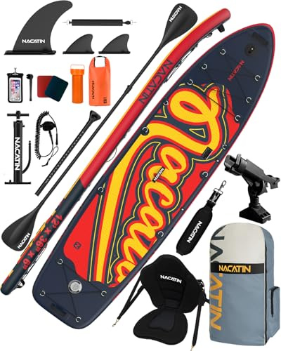 NACATIN 12ft (366cm) Extra Large SUP Paddle Board with Seat for Family | Wide 36 (91cm) Deck, 300kg Capacity, 2-in-1 SUP & Kayak, Complete Accessory Set, Single/Double Paddle, Kayak Seat