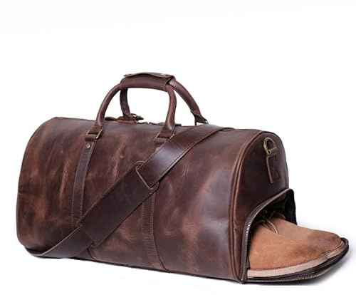 Herren-Reisetasche aus echtem Leder, Rindsleder, Gepäcktasche, Schultertasche, Wochenendtasche, Übernachtung, Fitnessstudio, Sport, Handgepäcktasche, Kaffeebraun, 50,8 cm mit Schuhfach, Classic