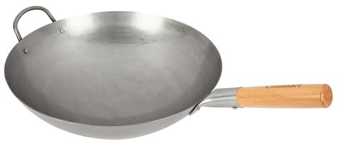Cuisinart 14” Carbon Steel Hammered Wok, Traditional Round Bottom Wok, Stir Fry Pan with Wooden & Helper Handle for Authentic Asian Cuisine, Outdoor Cooking Perfect for Sauté and Deep Fry
