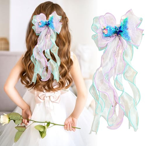 Haarnadel Mädchen, Bunte Band Chiffon Haarspange Kinder, Meerjungfrauen Schleife Haarschleifen für Hochzeit, Party Geburtstag, Schulanfang Einschulung Geschenk (Farbig 1)