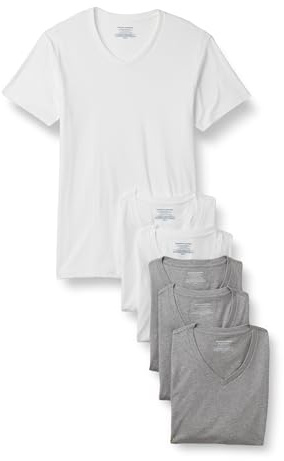 Amazon Essentials Men's V-Neck Undershirt, Breathable, Cotton, Pack of 6, Medium Grey Heather/White, L