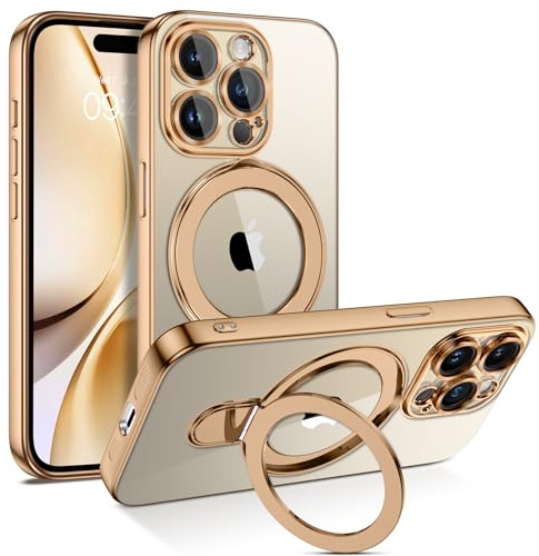 VENINGO für iPhone 15 Pro Max Hülle mit Unsichtbarer Ständer, Magnetisch Hülle, Durchsichtige Rückseite, Stoßfest, Kratzfest, Anti-Fingerabdruck, iPhone 15 Pro Max Handyhülle 6,7 zoll, Wüstensand Gold