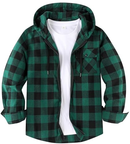 ZITY Camicia di Flanella da Uomo Cappuccio a Maniche Lunghe da Boscaiolo Quadri Camicia Casual con Cappuccio e Cerniera Giacca Lavoro a Maniche Lunghe Cotone con Taschino sul Petto M-3XL