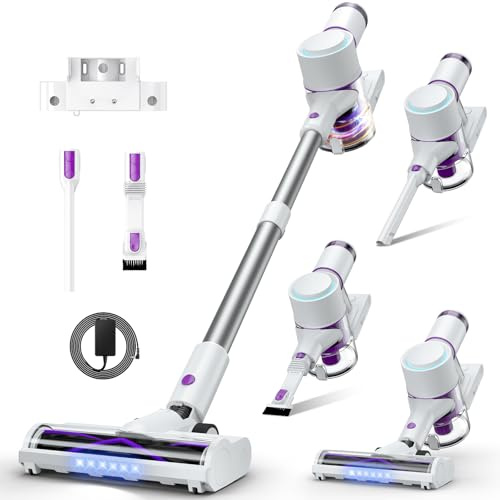 Akku Staubsauger 45000Pa, 60Min, nur 1,75 kg, 6-in-1 Staubsauger Kabellos mit Touchscreen, LED-Leuchten, Anti-Tangle-Bürste & Ladestation, 7-Schicht-Filtration für Tierhaare, Teppiche, Hartböden, Auto