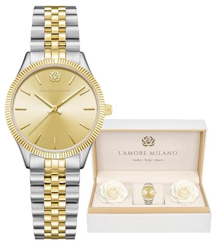 L'AMORE MILANO - Orologio donna in scatola rose - Regalo donna fidanzata, mamma - Orologio di alta qualità scatola regalo, impermeabile 5 ATM - Regali per lei - 32mm elegante orologio argento e oro