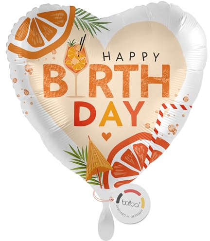 balloa Folienballon Happy Birthday Cocktail, Herzballon Geburtstag, Heliumballon mit Orange Glas Motiv, Geschenk Deko Party Luftballon Sommer Feier Frauen Männer bunt 33cm