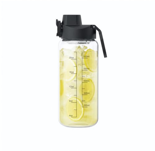 Neodaco 24 oz Odorless Glass Water Bottle, Juice Bottle for Sports | Borosilicate Glass Sport Water Bottle with Time Marker, Odorless Reusable Water Jug with Stainless Steel Filter Screen