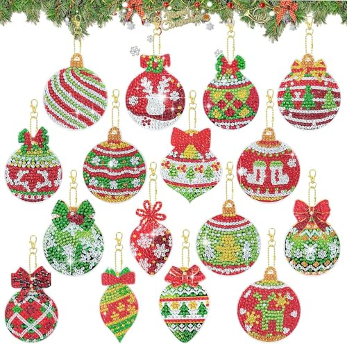 SelfTek Diamond Painting Weihnachten Anhänger - 16 Stück Diamant Painting Weihnachten für Erwachsene, Doppelseitige Diamondpainting Schlüsselanhänger Weihnachtskugel für Weihnachtsbaum Deko