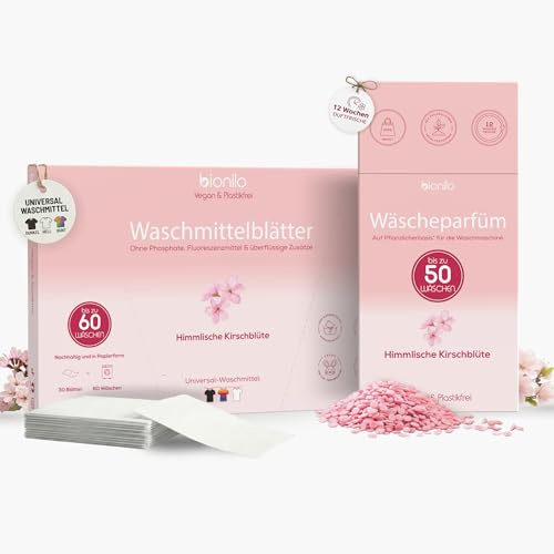 Bionilo Wäschepflege Set – Wäscheparfüm & Waschmittelblätter – Nachhaltig, Vegan, Plastikfrei, Zero Waste – Sanft zu empfindlicher Haut – Für alle Textilien – 50 Waschgänge (Himmlische Kirschblüte)