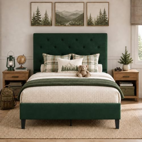 HOMBCK Polsterbett 90x200cm, Einzelbett 90x200cm mit Lattenrost, Grün | Höhenverstellbares Kopfteil Jugendbett, Leinen Bettgestell, Ohne Matratze, Einfache Montage