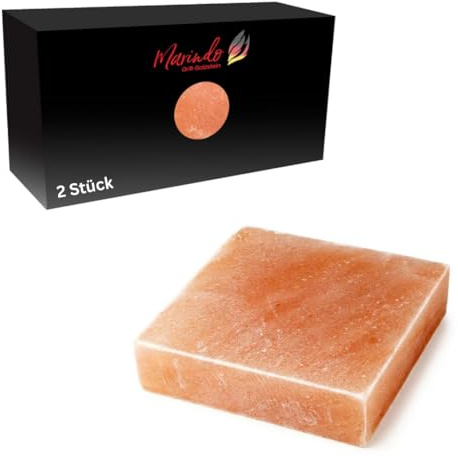 Marindo Chef BBQ Grill - Juego de 2 piedras de sal cuadradas XL (20 x 20 x 3 cm, cada piedra de sal para asar cuadrada, extra gruesa, incluye instrucciones de uso, sal de cristal más pura, placa de