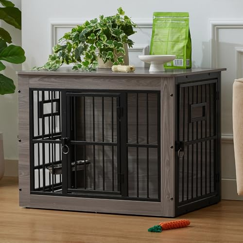 Gardner Pet Hundebox, Hundekäfig Möbel, Grau, 83x58x65 cm | Hundekäfig Möbel, 3 Türen, Verstellbare Näpfe, Metall und Holz, Für mittlere Hunde