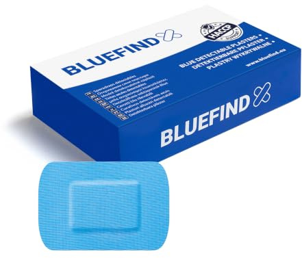 BLUEFIND - Cerotti rilevabili in metallo di grandi dimensioni, 50 x 72 mm, resistenti all'acqua – bendaggio sterile, bendaggio per ferite sterile, blu visibile, scatola di plastica – cerotti per dita