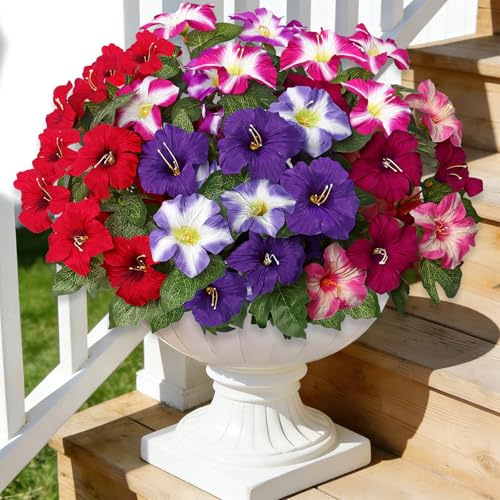 ASTNIC 4 Pezzi Fiori Finti da Esterno, Fiori Artificiali Piante Finte da Esterno, Petunia Pianta Finta Fiori di Seta Resistente ai Raggi UV, Fiori Finti da Interno Decorazioni da Balcone Matrimoni