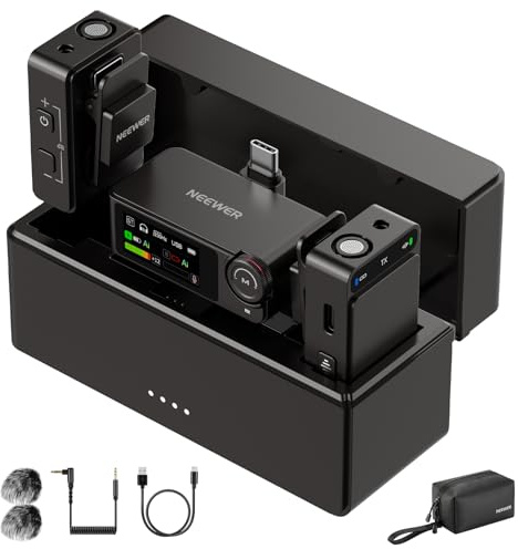 NEEWER CM36 Drahtloses Lavalier Mikrofon mit Ladecase, App Steuerung, AI Rauschunterdrückung, 48 kHz/24Bit, 85dB Signal Rausch Verhältnis, 100m Reichweite, Mini Mikrofon für Handys Kameras und PC