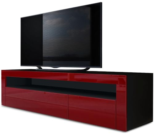 Vladon Buffet Bas Valencia, Meuble TV avec 1 Compartiment Ouvert et 2 clapets, Noir Mat/Bordeaux Haute Brillance/Bordeaux Haute Brillance (155 x 46 x 40 cm)