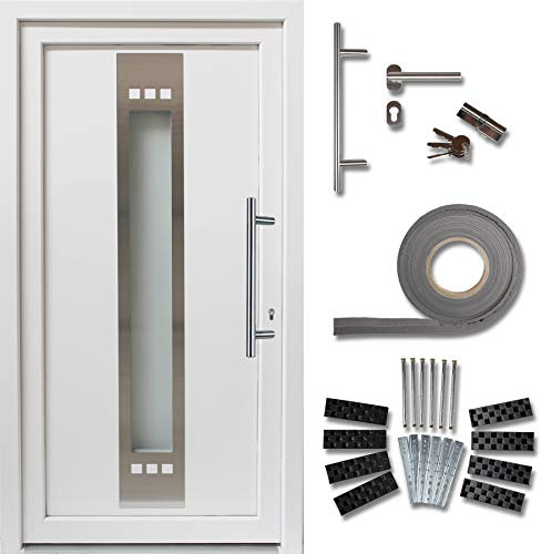 kuporta Kunststoff Haustür Lugana Türen 98 x 208 cm DIN links weiß mit Stoßgriff-Set Montageset Fugendichtband