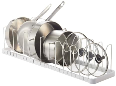 Yamazaki 3840 TOWER Ausziehbarer Topf- & Pfannenhalter, weiß, ABS Harz/Stahl, Minimalistisches Design, 45～82 x 20 x 17,5 cm (LxBxH)