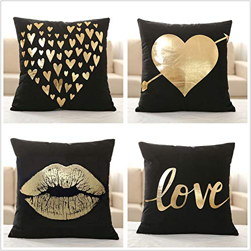 X-Labor Dekorativ Kissenbezug 4-er Set Schwarz Gold Folie Druck Kissen Fall für Sofa Dekokissen Couchkissen 45x45cm