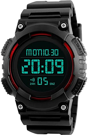 TONSHEN Digital Sport Uhren für Herren Plastik Lünetten mit Kautschuk Band LED Elektronik Multifunktion Stoppuhr Alarm LED Licht Outdoor Militär 50M Wasserdicht Armbanduhr (Rot)