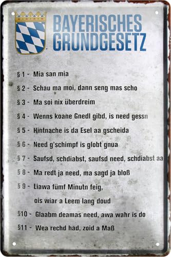 Blechschilder Lustiger bayerisch Spruch: ”Bayerisches Grundgesetz“ Deko Hängeschild Tür bayrisch München Flagge Wappen Metallschild Schild Geschenk zum Geburtstag oder Weihnachten 20x30 cm