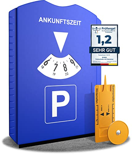 ROBBX® Parkscheibe mit Eiskratzer für Auto und Motorrad | Parkuhr inkl. Reifenprofilmesser und Einkaufswagenchip | Parkscheiben | Parking Disc