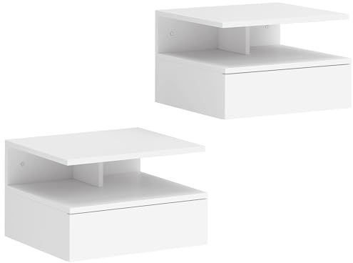 HOMCOM Juego de 2 Mesitas de Noche Flotantes, Mesillas de Noche Dormitorio con Cajón, Estante Abierto, Ahorra Espacio, Diseño Moderno, para Sala de Estar, 35x32x22,5 cm, Blanco