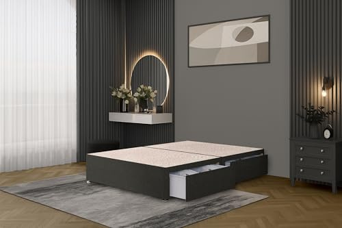 Bed Centre Bliss Grey Linen Divan Base – 4FT Small Double (120×190 cm) | 2 Same-Side Storage Drawers | No Headboard | Space-Saving Under-Bed Storage | UK Made
