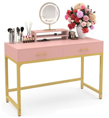 WESTREE Women Makeup Vanity Desk with 2 Drawers - Bedroom Home Office Desk, Wooden Height Monitor Stand & Storage Shelf Without Mirror, Pink Table Great Gift for Her