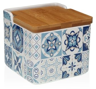 DRW Salero original cerámica cuadrado con tapa madera 12x12x12 cm (Mosaico gris)