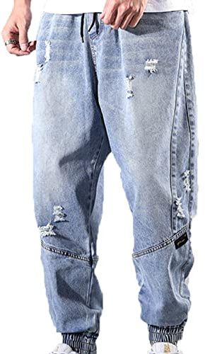 Jeans Strappati Estivi per Uomo Cargo alla Moda - Pantaloni Larghi in Vita Elastica Harem Hip-Hop in Denim