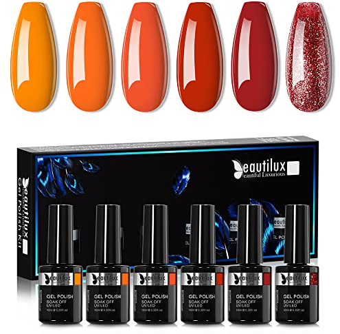 Beautilux Gel Nagellack Semipermanent Ohne-TPO Ohne-HEMA Rot Orange, 6 Farben 10ml Soak Off Gel Nagellack Set für Home-Maniküre Nail Art Maniküre (YT-06)