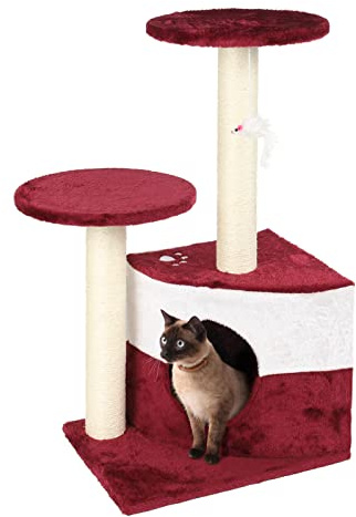 Wiltec Arbre à Chat - 71 cm de Haut - avec Niche et perchoirs - Meuble grattage félin Peluche - Couleur Rouge - avec Maisonnette, sisal et Plate-Forme, balles de Jeu