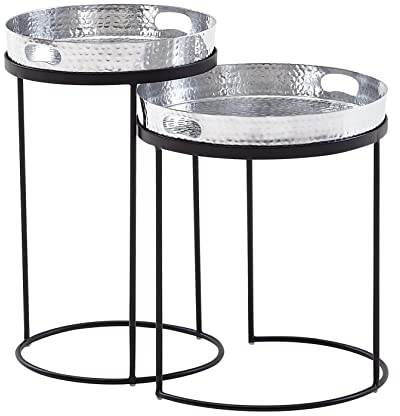 FineBuy Beistelltisch 2er Set Metall Hammerschlag Satztisch Rund, Couchtisch abnehmbares Tablett, Tabletttisch Sofa 2 teilig Modern, Runder Sofatisch