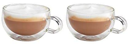 Judge Duo Form Set of 2 Cappuccino Glass Coffee Cups with Handle, Hollow Vacuum Sealed, Heat Resistant, 250ml Cappuccino Cup