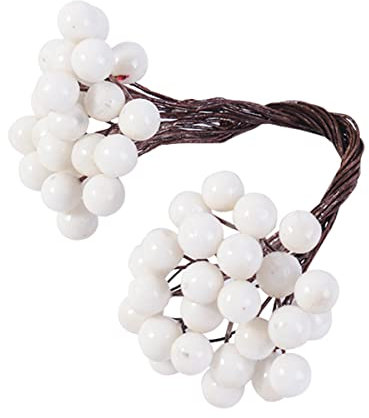 Cozylkx 25 Uds. De Tallos De Bayas Artificiales, Bayas De Acebo De Navidad, Bayas Falsas De 6mm para Arreglos Florales, Decoraciones para árboles, Corona Artesanal,Blanco