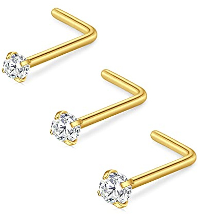 D.Bella 18G L Shaped Nose Studs Surgical Stainless Steel 1.5mm 2mm 2.5mm CZ Nose Rings Studs Gold Nose Rings for Women Nose Nostril Piercing Jewerly