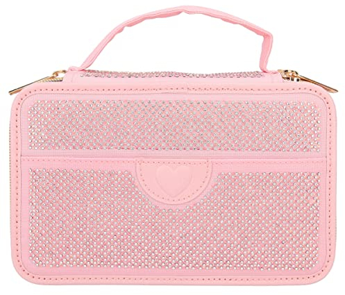 Depesche 12167 TOPModel Glam - Gefüllte 3-Fach Federtasche in Rosa mit kleinen Glitzersteinen, Henkel und Herz-Patch, Federmäppchen mit Buntstiften, Lineal, Schere uvm.