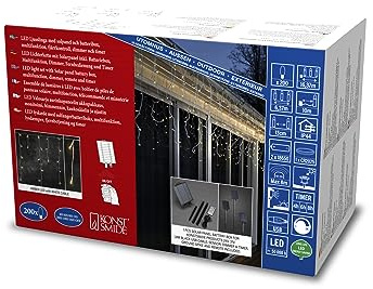 Konstsmide LED Solar Eisregen Lichtervorhang, fernbedienbar, 200 bernsteinfarbene Dioden, Außen, weißes Kabel, 2 x Lithium-Akku / 1 x CR2025 (inkl.) - 2777-802SP