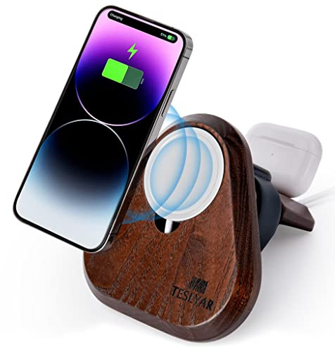 TESLYAR Holz Handy-Ständer 3 in 1 für Apple | Kompatibel mit magnetischem kabellosem Ladegerät für iPhones 12, 13, 14 | IWatch, AirPods | Herren Geschenk | Asche Baum | Ladegeräte Nicht enthalten