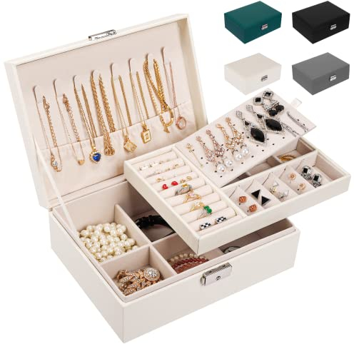 LUZOON Schmuckschatulle Schmuckkästchen für Damen, 2 Schich Schmuckaufbewahrung Mädchen Schmuckkasten Schmuckbox PU Leder Schmuck Groß für Ringe, Ohrringe, Halskette - Weiß