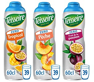 Lot de 3 sirops Teisseire Zéro Sucres (Tropical, Pêche, Fruit de la Passion) pour Boisson Rafraîchissante, Cocktails, Bidon Recyclable 3x60cl