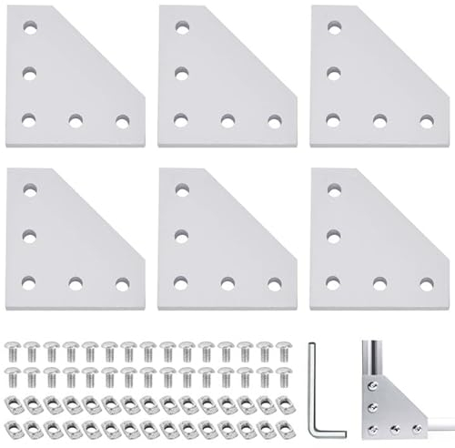 Eckhalterungs Verbindungsplatte, 6 Stück L-förmiges Eck-Aluminiumprofil,Aluprofil Verbinder,Alu Winkel mit 30pcs M5-Muttern+30pcs M5*8 Schrauben für 2020 Aluminiumprofil (Silber)